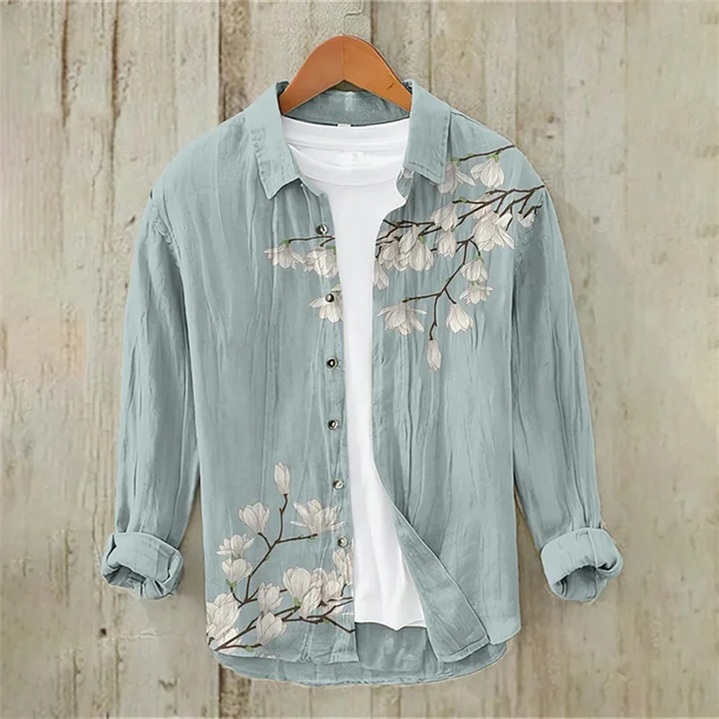 Men's Linen Long Sleeve Shirt 3D HD Flower Zipper Print Floral Series Casual Fashion Comfort Top
