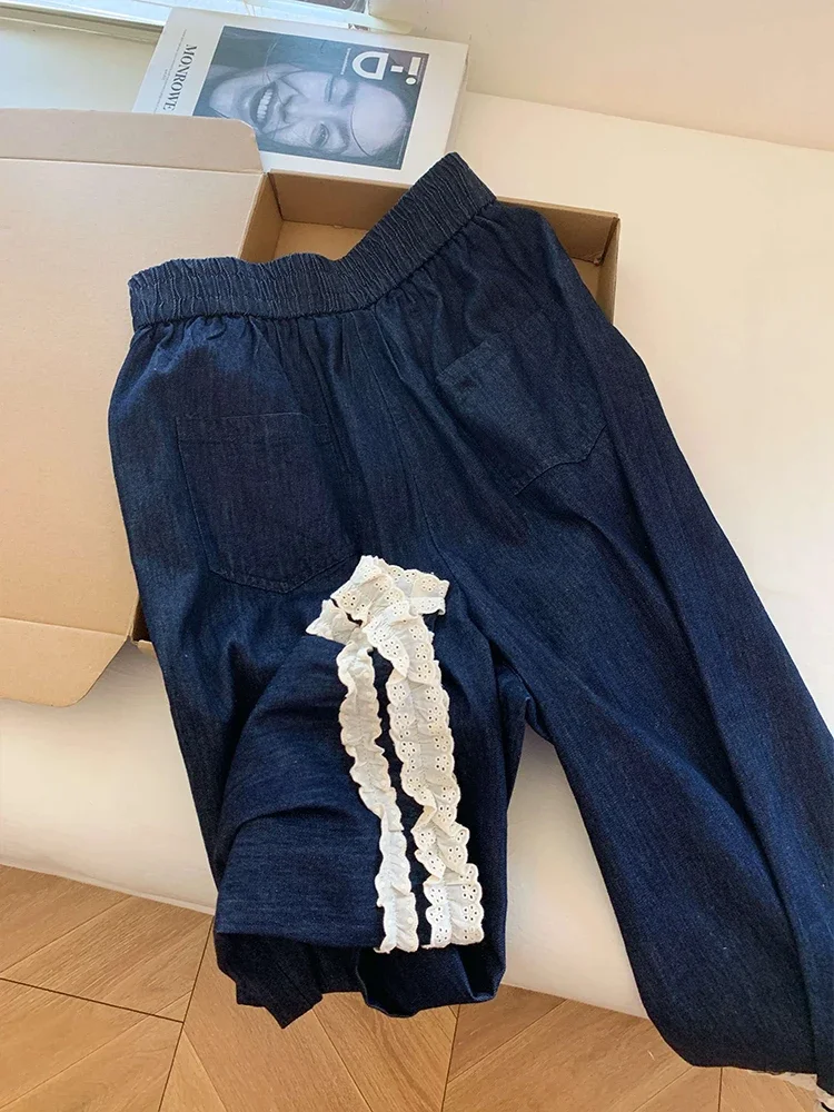 عميق الأزرق الدانتيل المرقعة واسعة الساق الجينز مرونة الخصر فضفاضة عادية مستقيم السراويل الربيع الصيف الكورية نمط الدنيم السراويل