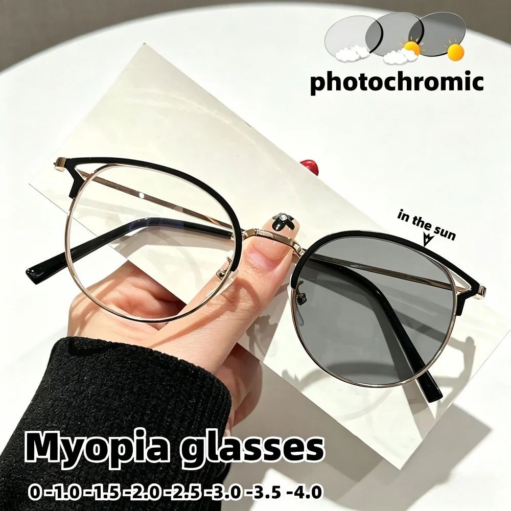 

Photochromic Browline Myopia Glasses for Women Men Light Sensitive Prescription Eyeglasses Anti Blue Light Diopters 0 To -4.0