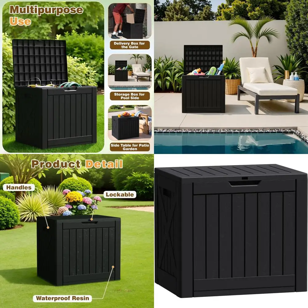 

40 Gallon Waterproof Outdoor Indoor Storage Box, Imitation Wood Resin, Ideal for Patio Furniture, Garden Tools, and Pool Accesso