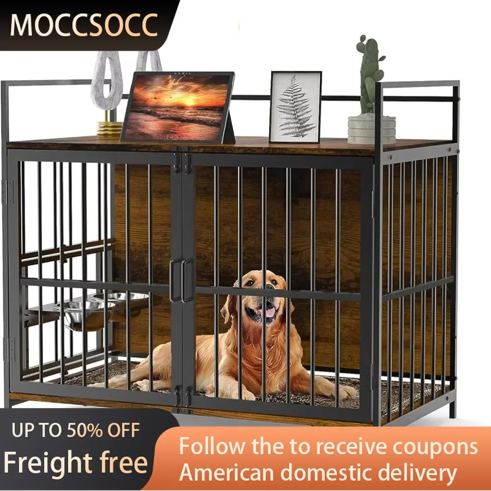 

Dog Crate Furniture-Style Cages for Dogs Indoor Heavy Duty Super Sturdy Dog Kennels with 2 Stainless Steel Bowls and Dog Pad