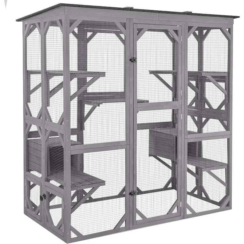 Cat House Outdoor Cattery Kitten Fence with Extra Large Entry Door with Platform and Cubby House - 71 Inch