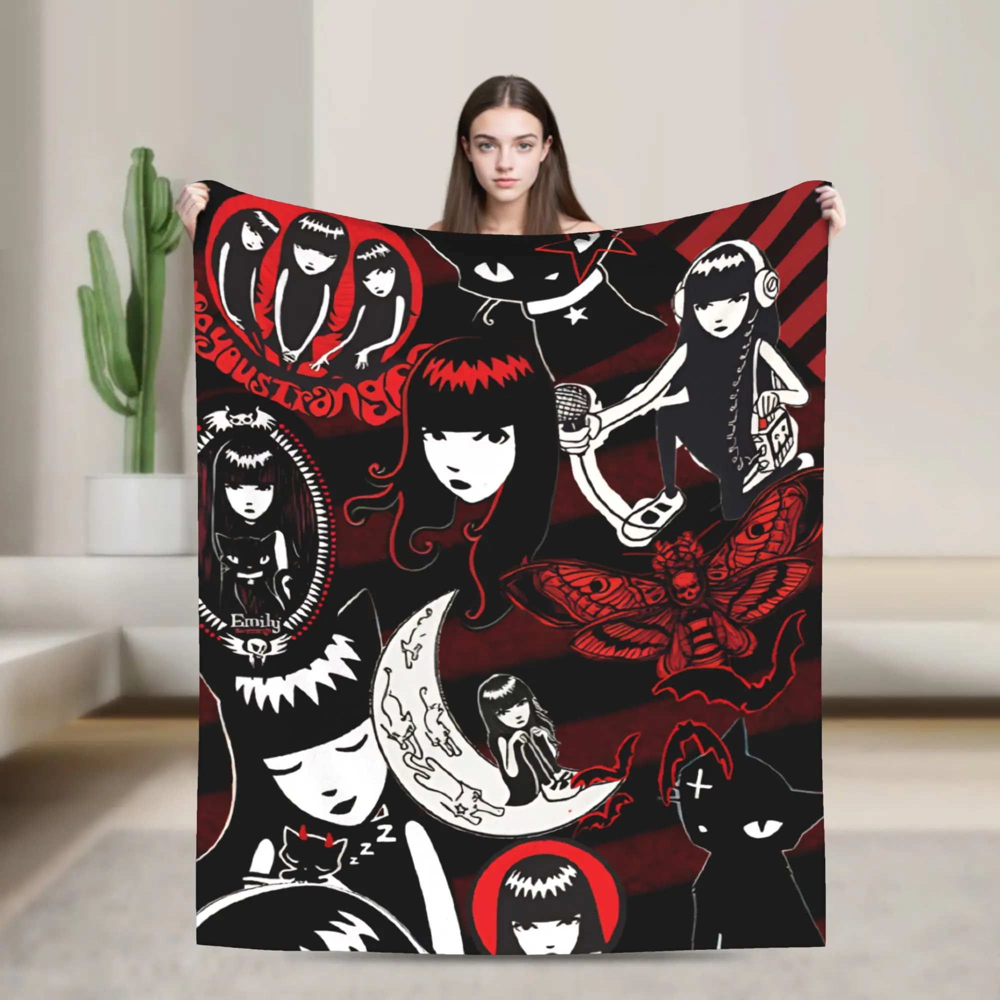 

E-Emily the Strange Cartoon Knitted Blankets Flannel Throw Blankets Airplane Travel Decoration Lightweight Bedspreads,