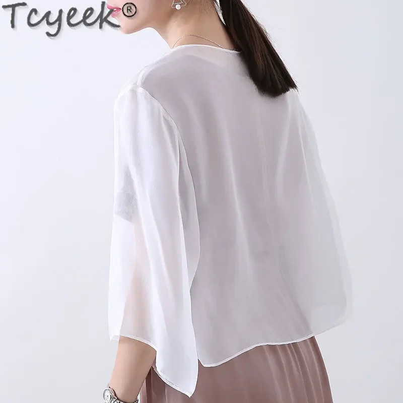 

Tcyeek 100% Mulberry Silk Top for Women Summer Short Thin Cardigans Outwear Real Silk Sunscreen Coats Women's Clothing LM1080