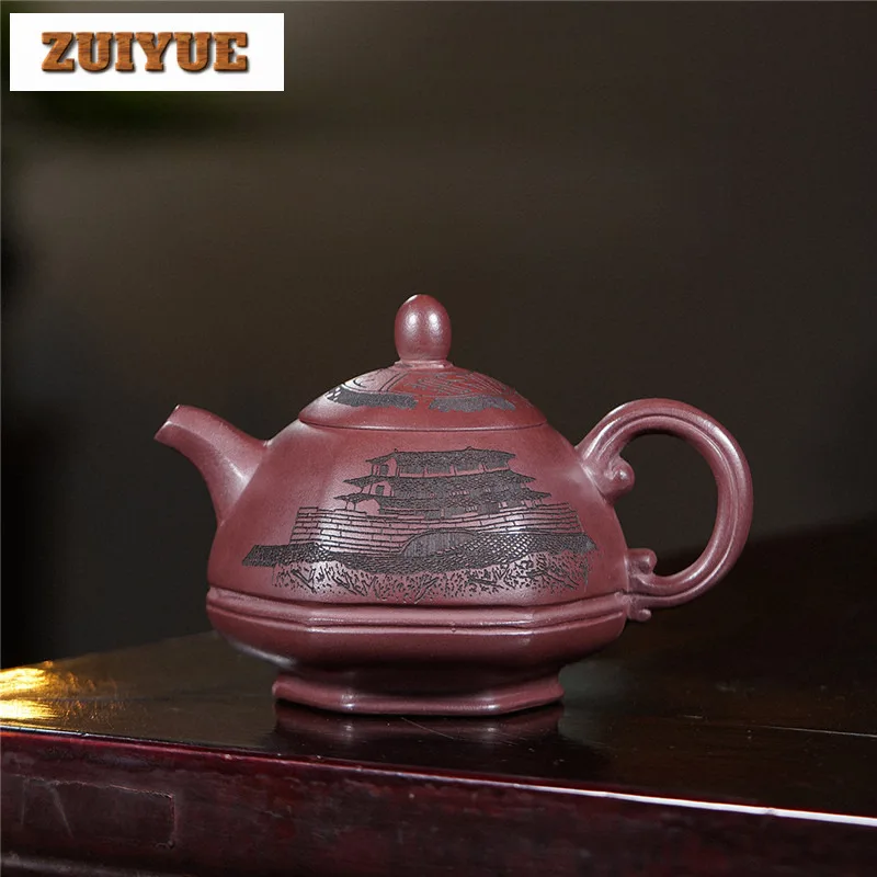 300ml Classic Yixing Purple Clay Teapots Handmade Hexagonal Pot Raw Ore Stone Red Mud Kettle With Infuser Chinese Zisha Tea Set