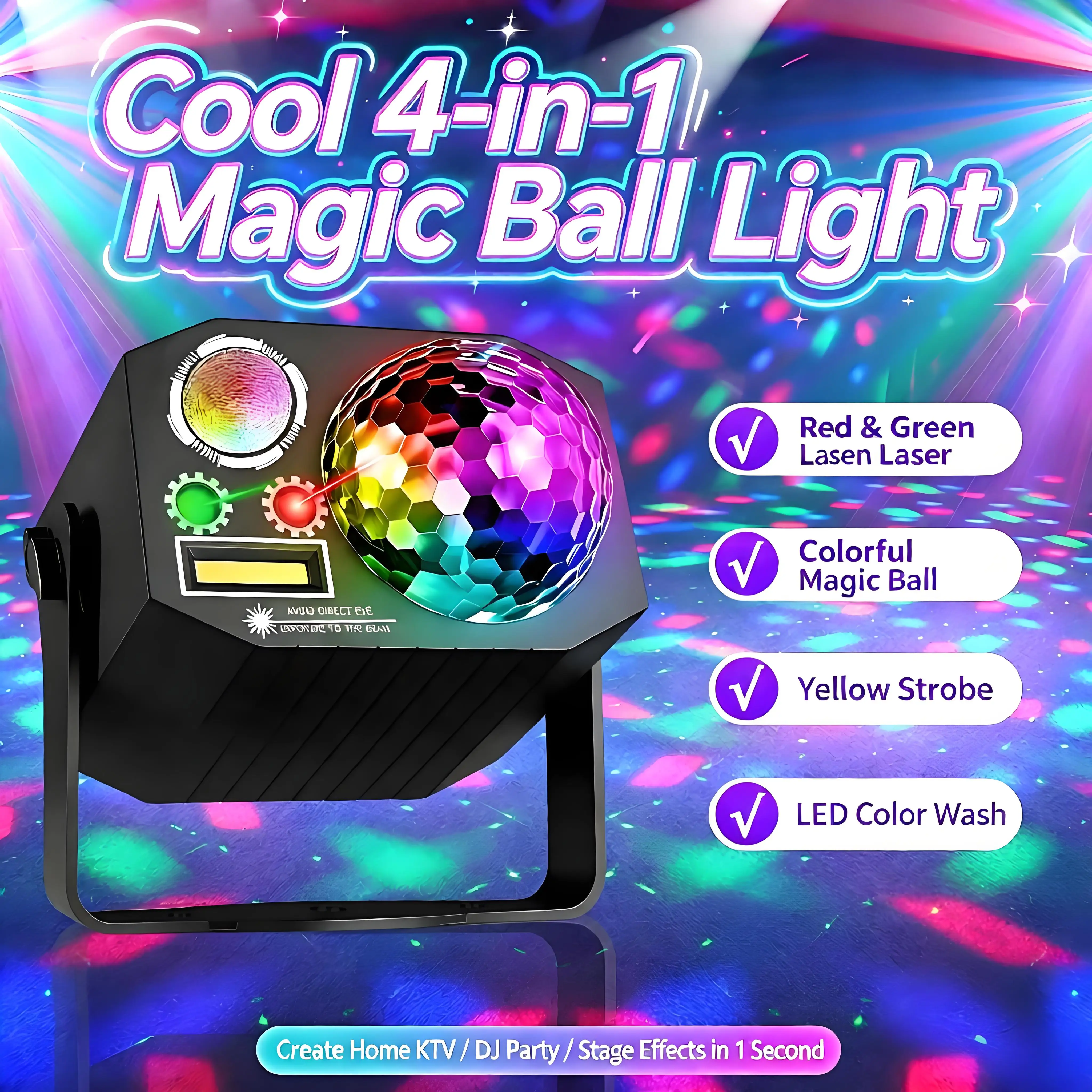 4-in-1 Magic Ball Stage Light RGB Pattern Strobe LED Light with Remote Control And Sound Activation for Disco Party Home KTV