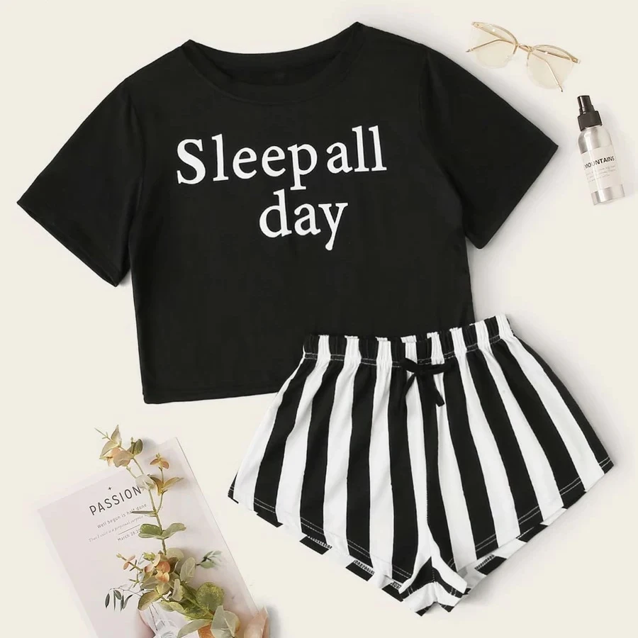 Women\'s Pajama Set Round Neck Sleepwear Letter Print T-shirt Top Stripe Shorts Girls Fashion Elegant Loungewear Outfits Summer