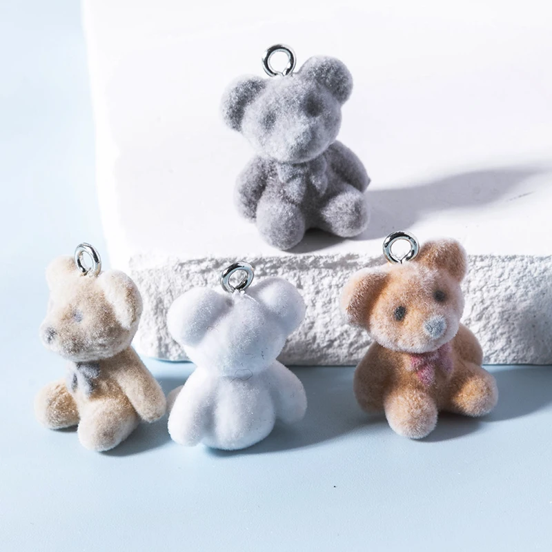 4pcs Korean Fashion Flocking Bear Charms Pendant for Girls Women Kawaii Colorful Bear Charms Jewelry DIY Accessories