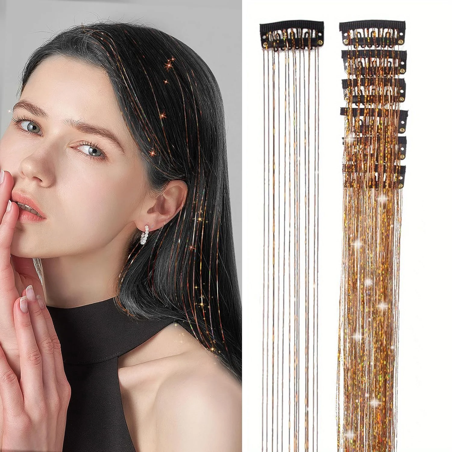 6Pcs 50cm Sparking Shiny Hair Tinsel Hair Extensions Tinsel Synthetic Hair Clip Extensions Women for Braiding Headdress