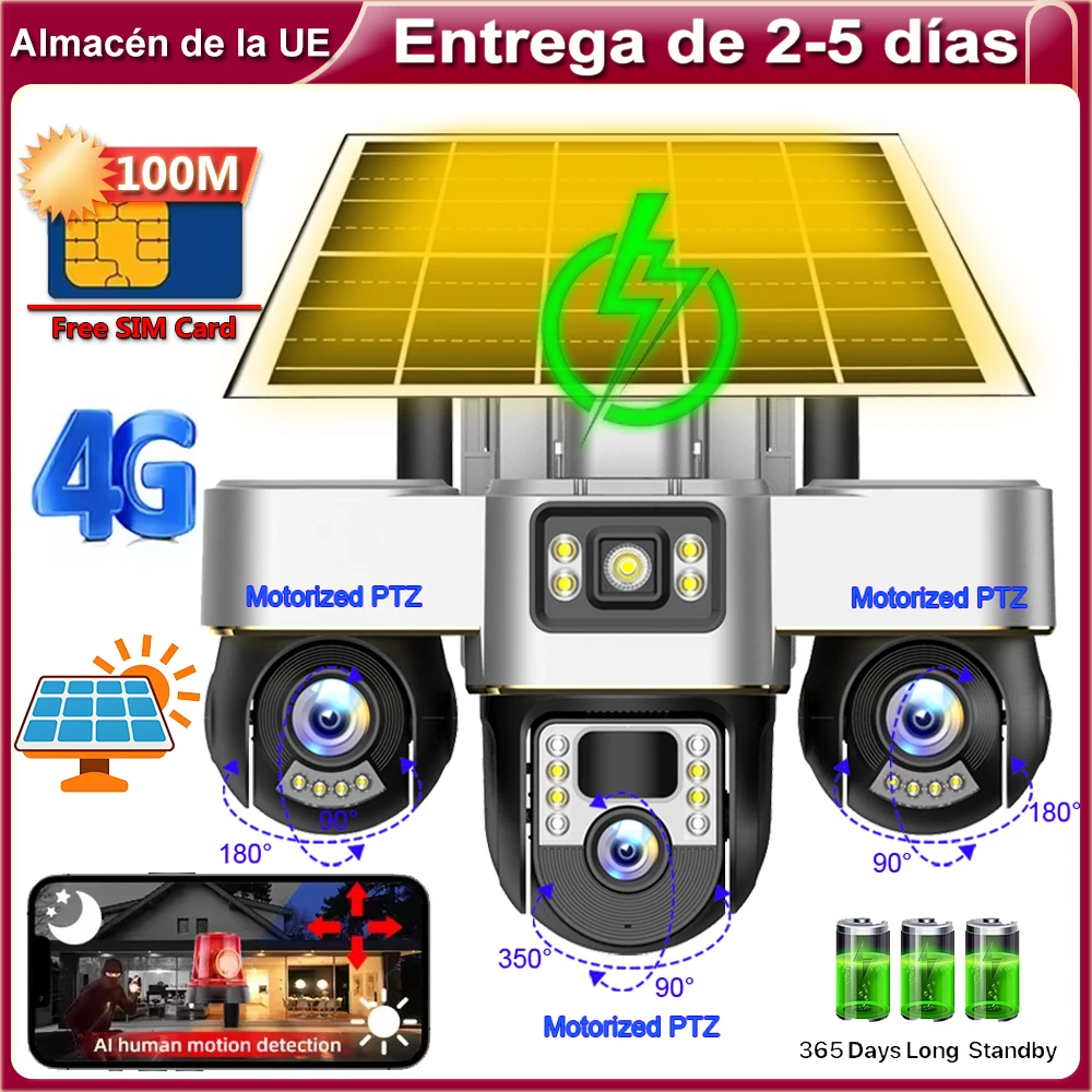 Cámara solar 4G con tarjeta SIM 100M datos PTZs Cámara de CCTV IP al aire libre 3 lente 360 PTZ Monitor de vigilancia de protección de seguridad del hogar