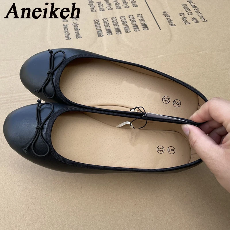 Aneikeh 2024 Summer Sweet Shallow Bow Ballet Flats Heel Ladies Loafers Shoes Fashion Slip-On Elegant Silk Ballet Mules black