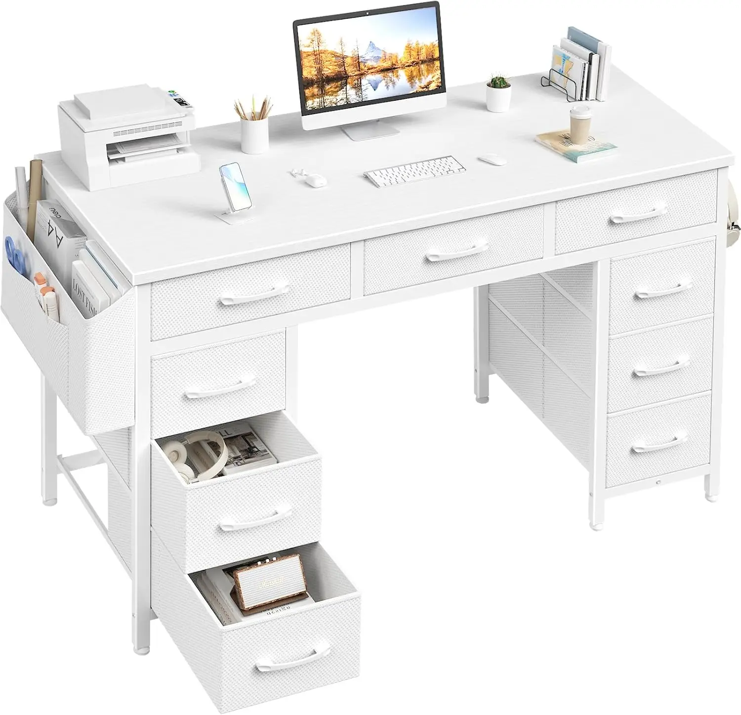 Computer Desk Study Writing Table With Nine Storage Drawers And Side Pocket For Home Office Bedroom Workstation, Dual Side Fabric Organizer Vanity Desk Stand, Modern Minimalist Style, White, 1 Pack