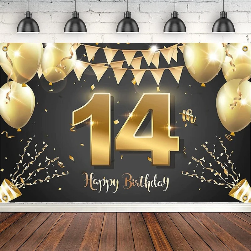 

Photography Backdrop Happy 14 Years Old 14th Birthday Decorations Party Supplies Banner For Girls Boys - Black Gold Poster