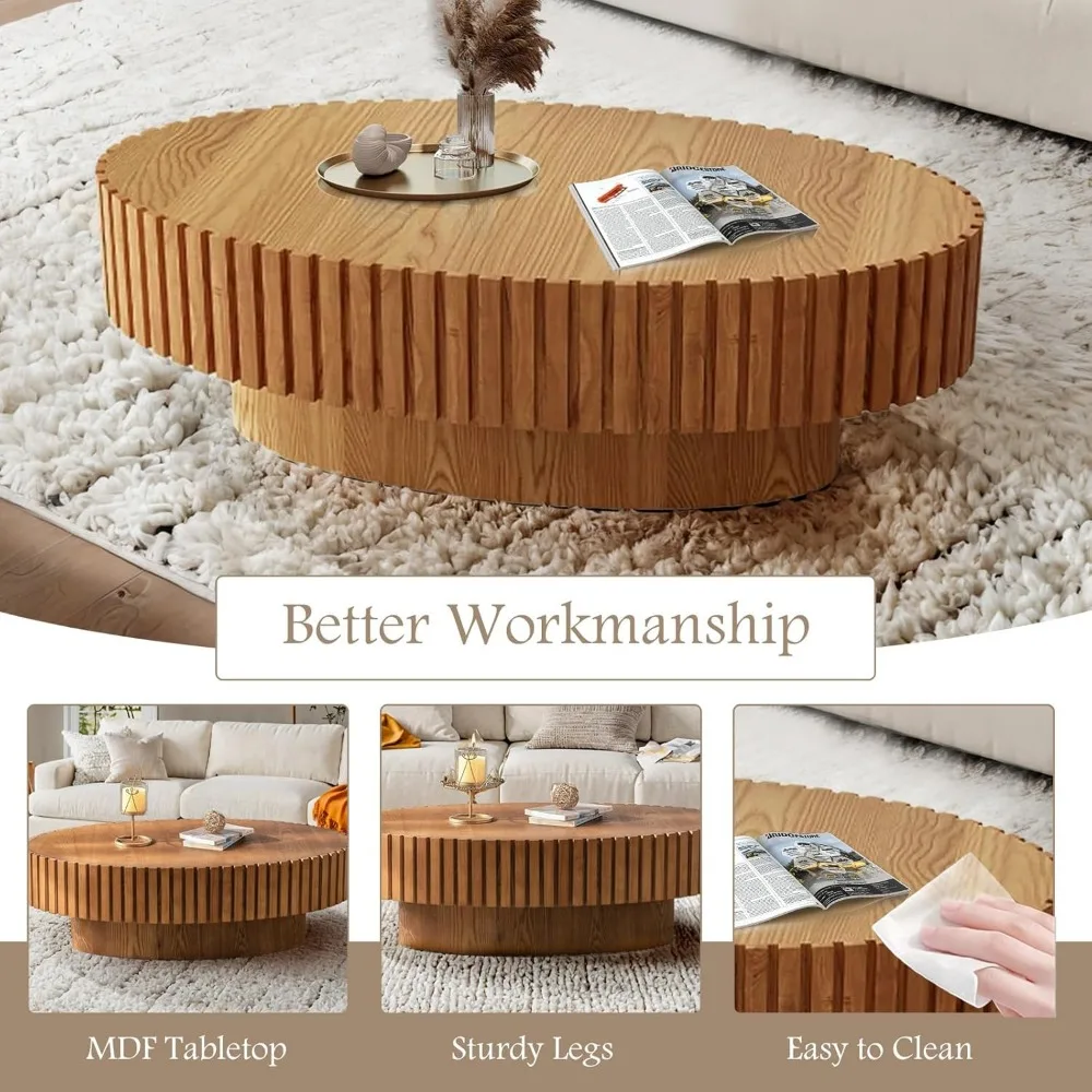 Geriffelter Couchtisch, 43,3 Zoll, ovale Couchtische aus Holz, moderner handgefertigter Trommel-Couchtisch mit Massivholz-Relief, stabiler Sockel, Ac