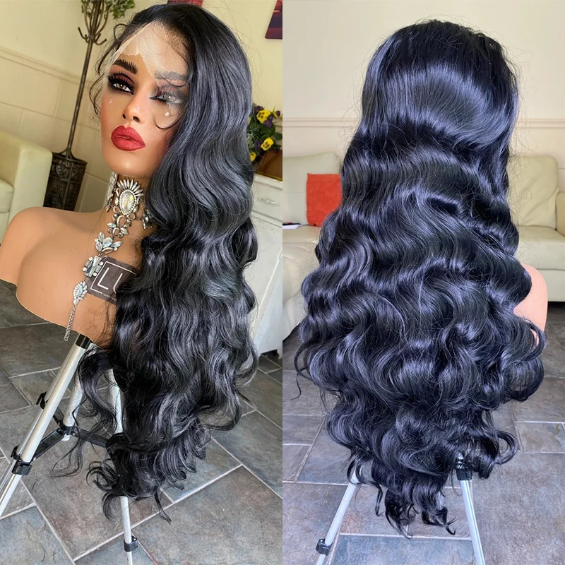 Mais alta qualidade material sintético calor protegido peruca dianteira do laço 32 "longo preto onda do corpo glamourosa peruca dianteira do laço para mulher