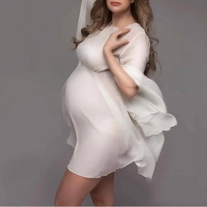 Maternity Clothing For Photo Shooting Sexy Soft Translucent White Chiffon Flare Sleeves Short Dress Photography Dress For Women