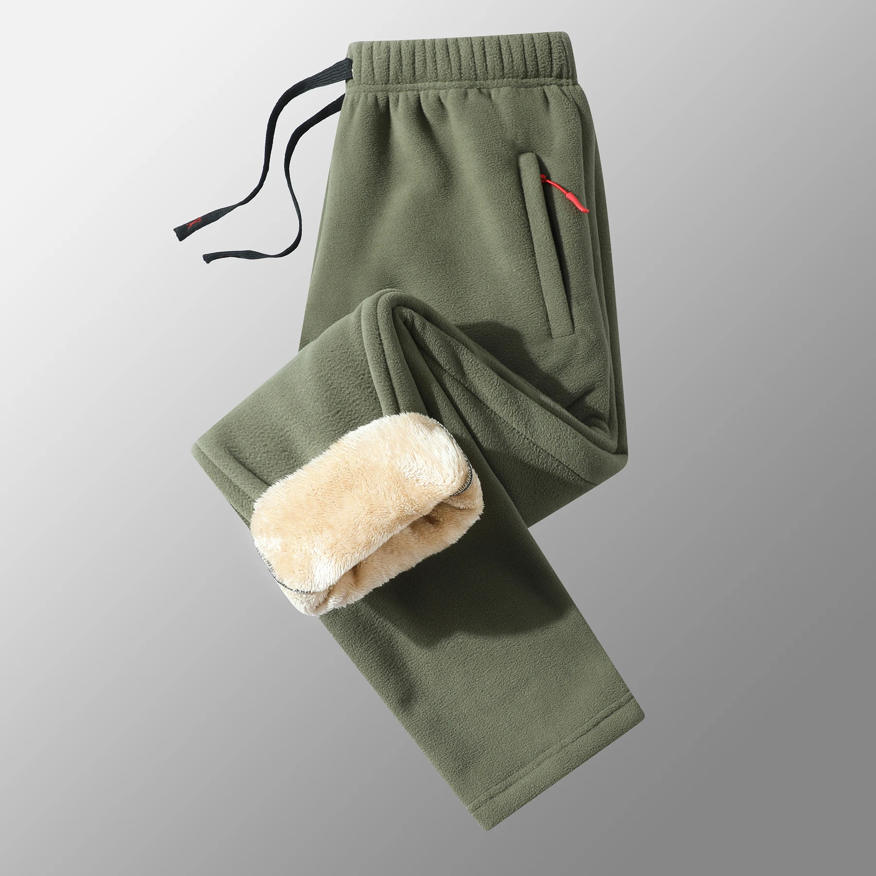 Men Thick Thermal Winter Jogger Pants Polar Fleece Outer With Lamb Fleece Lining Zipper Side Pockets Drawstring Elastic Waist Sp