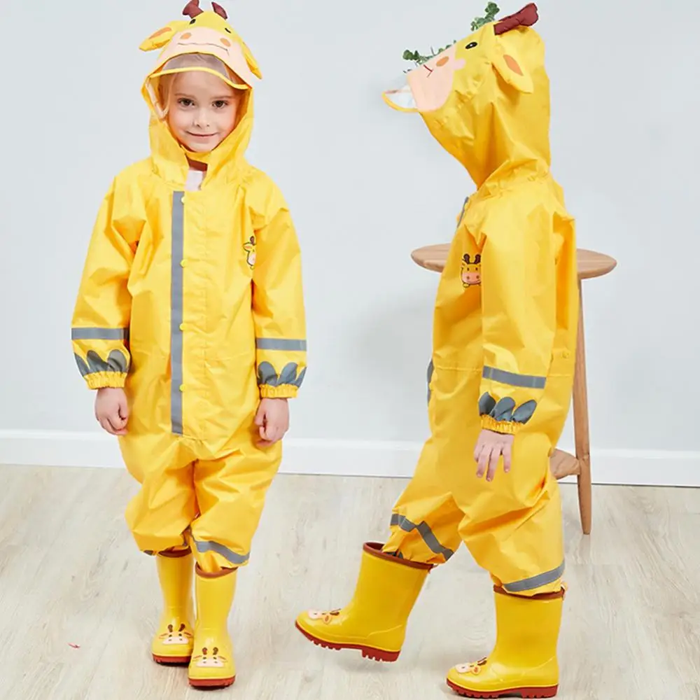 Waterproof Raincoat Kids One Piece Rainwear Cartoon Animal Rain Coat Reflective Strip Hooded Poncho Coveralls плащ женский