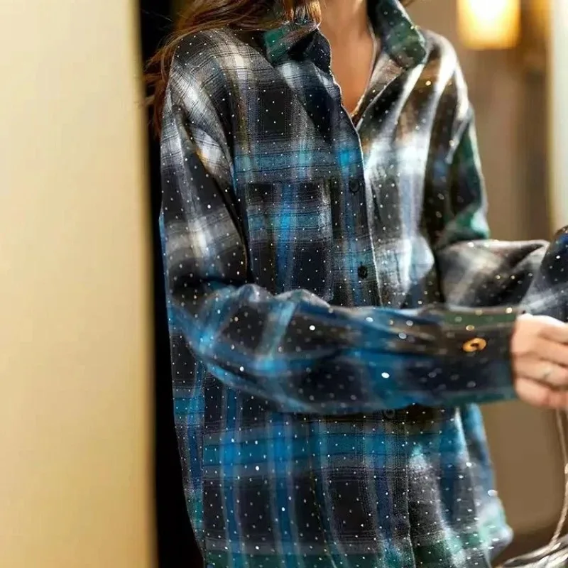 

Autumn women's casual rhinestone checkered shirt new fashion shirt women's fashion trend