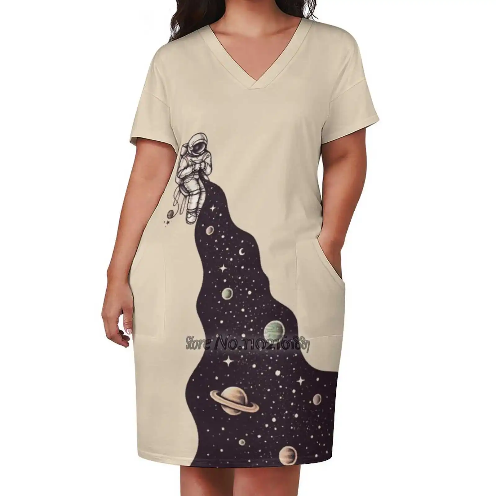 Universe Is Knit Design Print Dress Short Sleeve V-Neck Fashion Skirt Thin Short Sleeve Skirts Astronaut Space Stars Planets