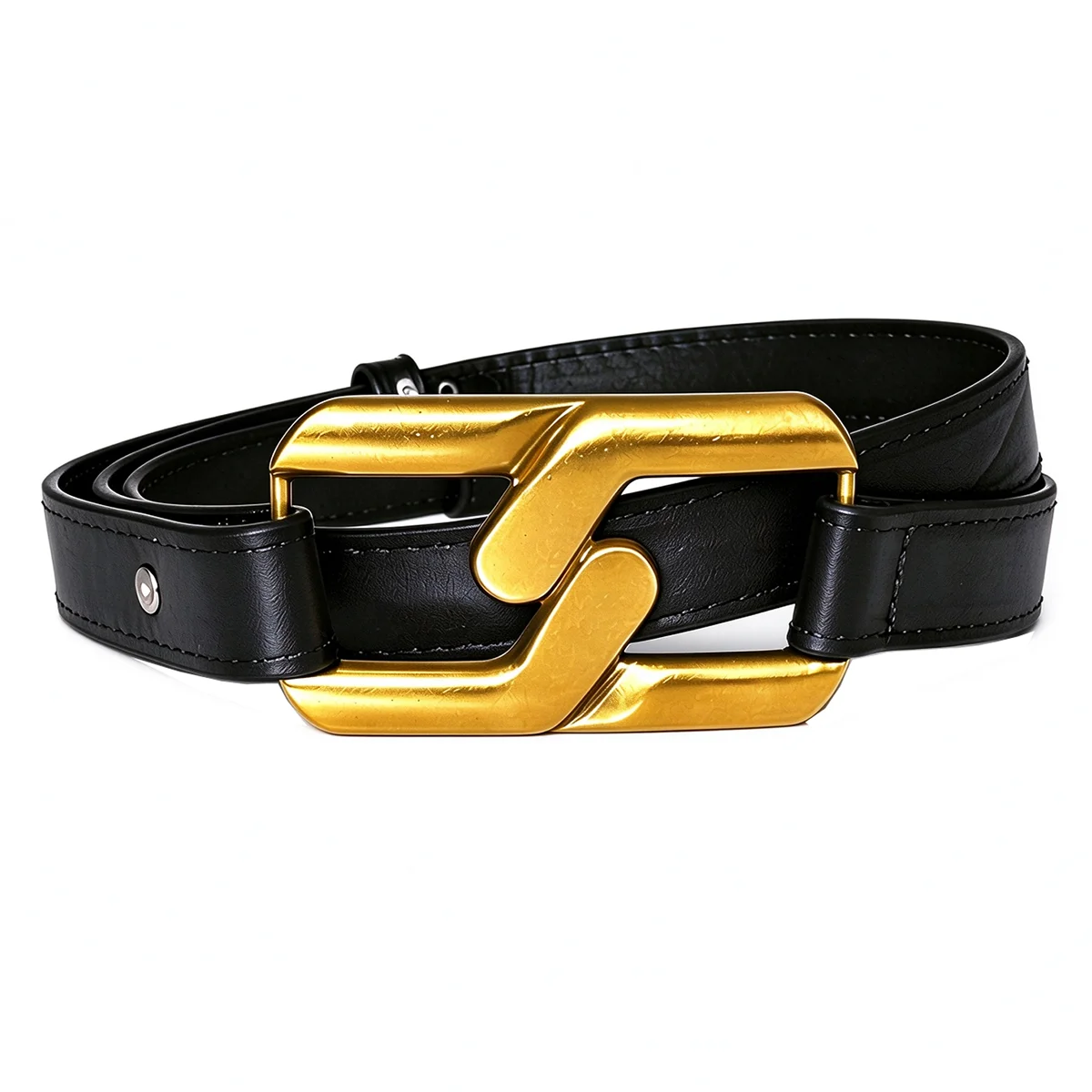 Women PU Thin Belt Hollow Quadrilateral Geometric Gold Slider Buckle Small Waist Belt for Jeans Dresses Streetwear