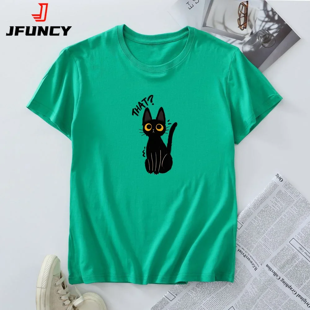 Summer Women Tees 100% Cotton Oversize T-shirt Short Sleeve Tops Woman Clothes Cat Graphic T Shirts Female Tshirt