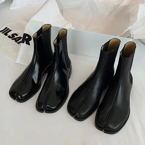 Bottines rétro à bout fendu pour femme, chaussures en cuir brillant et mat, Tabi Ninja Chelsea Botas Mujer, talons bas, chaussons d'hiver