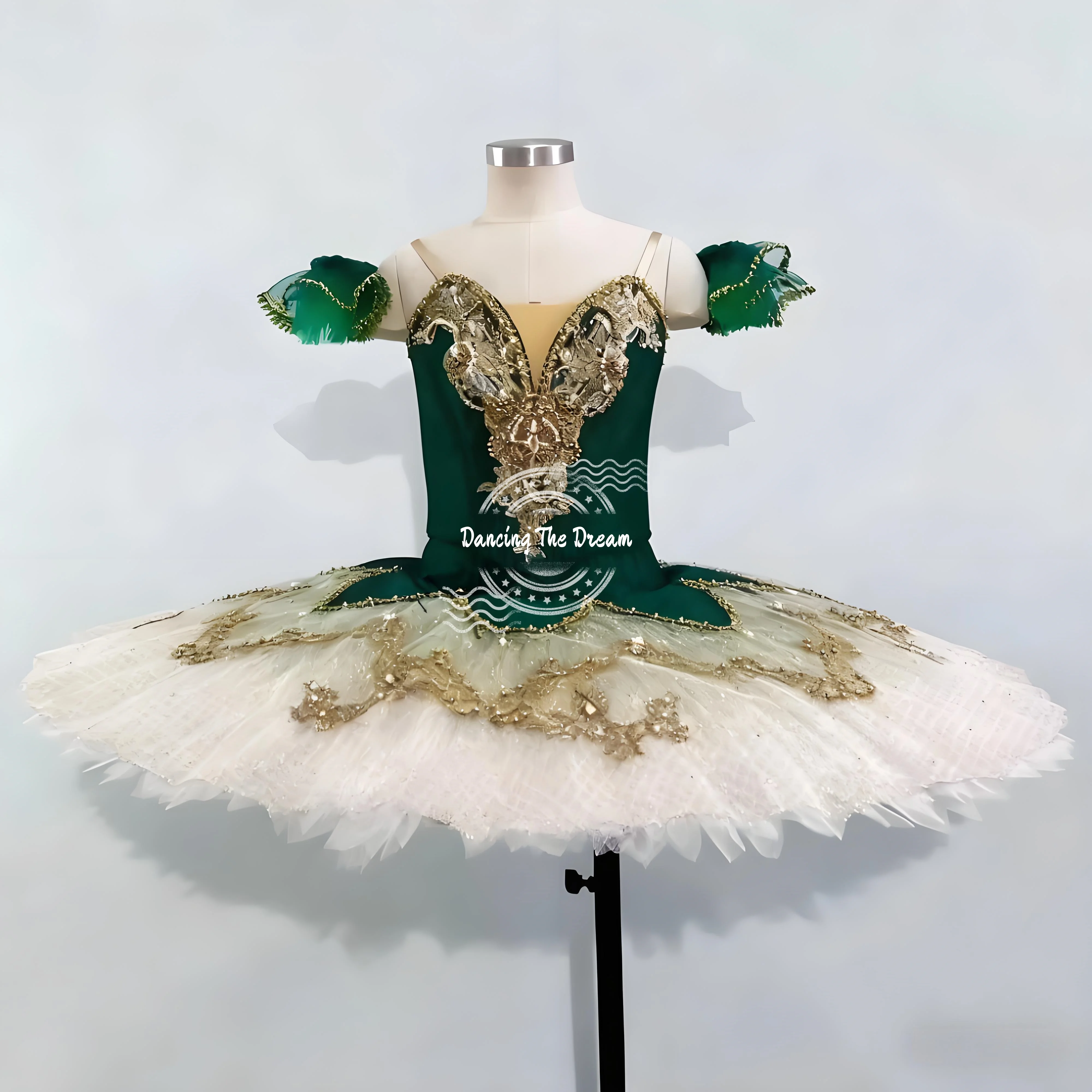 

Emerald Green & White Ballet Tutu with Gold Embellishments Chic Off - the - Shoulder Emerald Ballet Tutu with Gold Accents