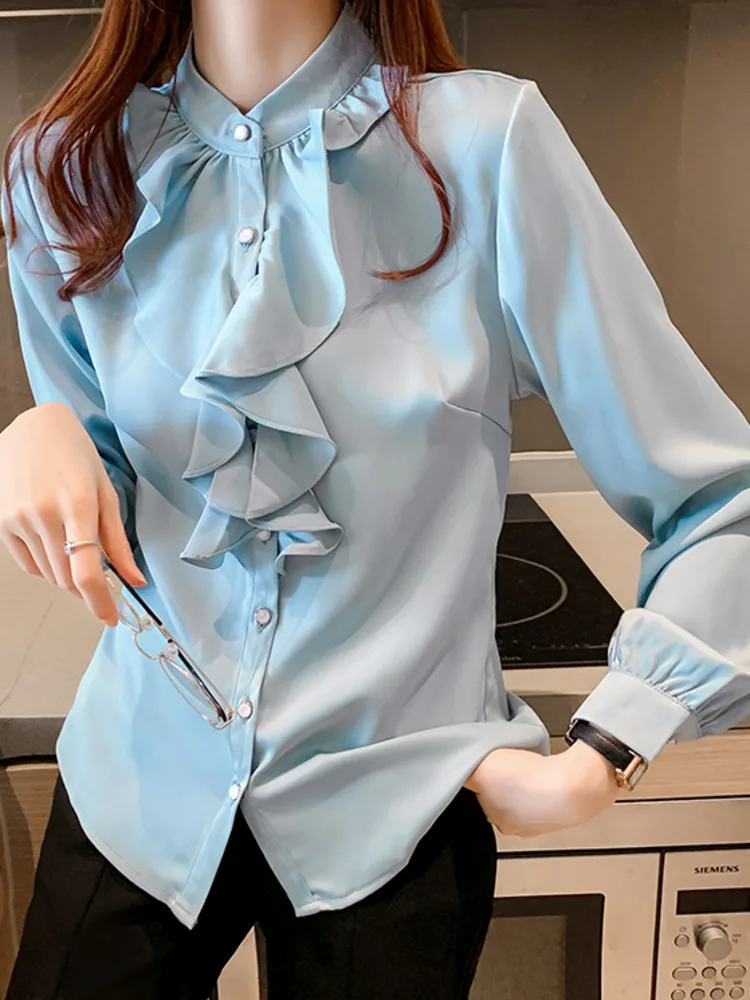 #3122 White Blue Red Office Chiffon Shirts Stand Collar Spliced Ruffles Blouse Femme Elegant Slim Fit Womens Tops And Blouses