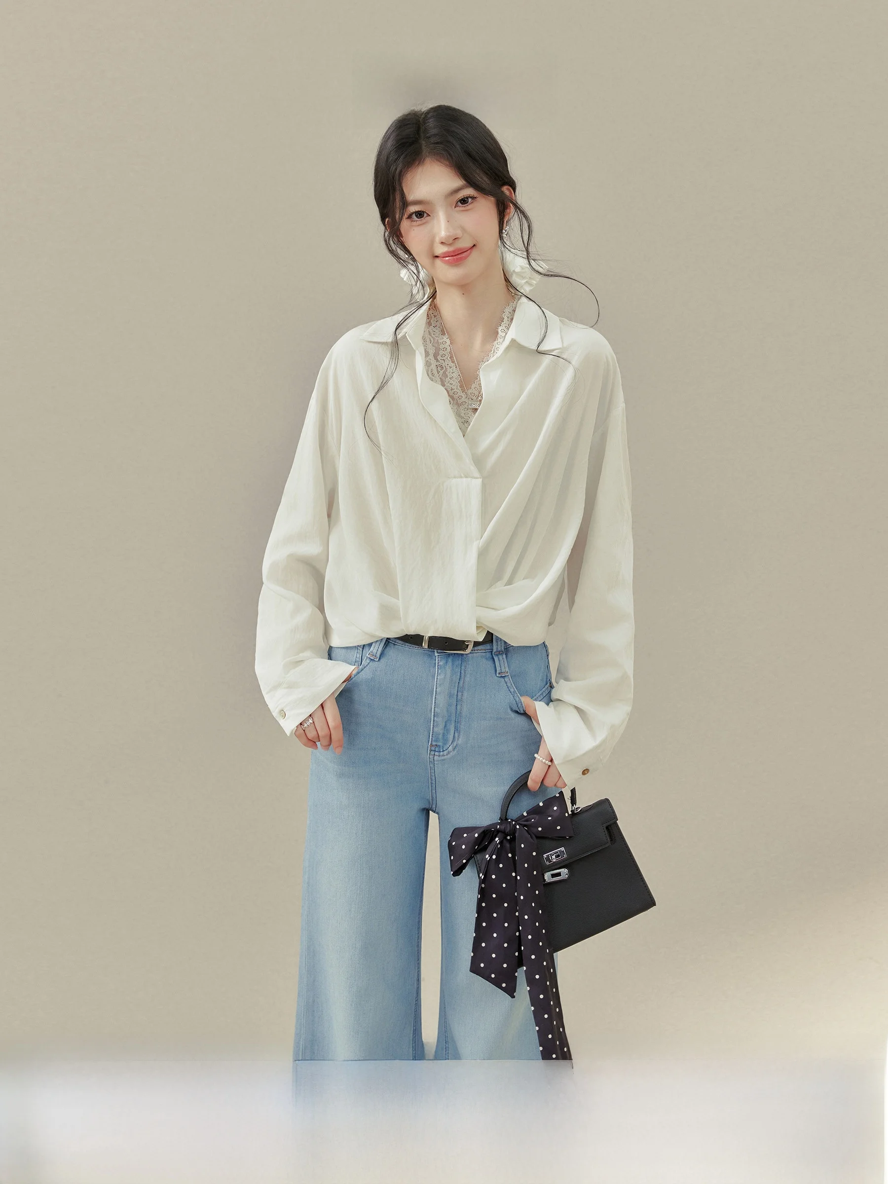 White Long Sleeve Women's Shirt Casual Style Design Spring 2026 New Arrival Elegant Top by Younghao Xuyan