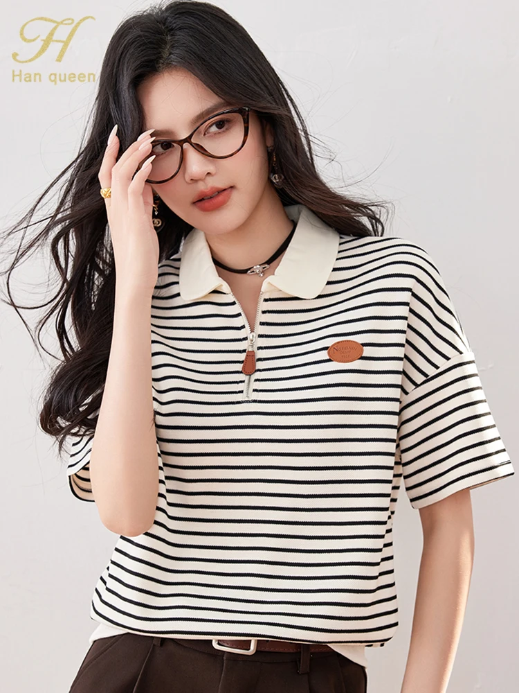 H Han Queen Summer Tops Simple Stripe Short Sleeve Blouse  Casual T-Shirts Vintage Loose Blouses Korean Style Women\'s Clothing