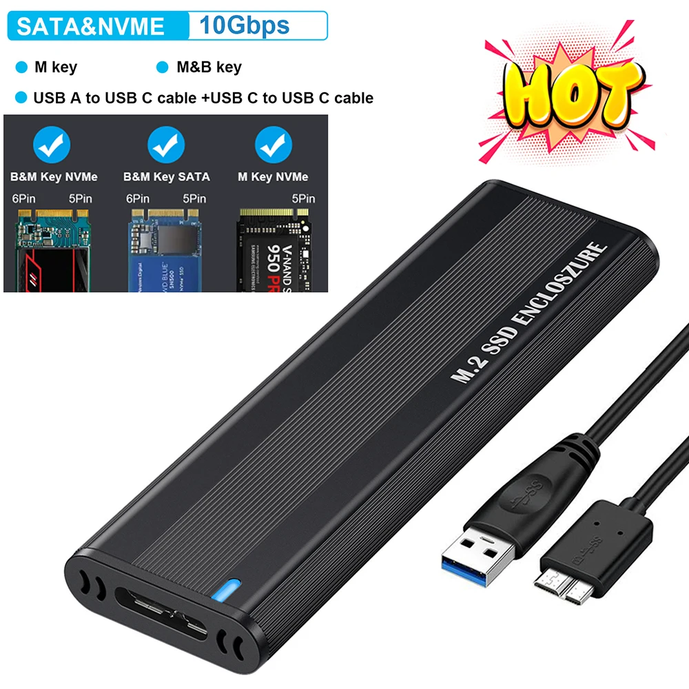 M.2 NVMe SSD Enclosure Dual Protocol NVME SATA M.2 to USB Type C 3.1 SSD Adapter 10Gbps for 2230/2242/2260/2280 M2 NGFF NVMe SSD