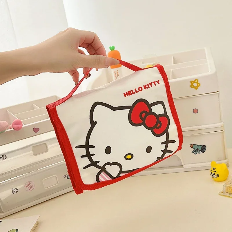 Miniso Sanrio dibujos animados Kuromi Hello Kitty bolsa de maquillaje plegable almacenamiento de gran capacidad bolso portátil tipo suspensión cepillo de sujeción