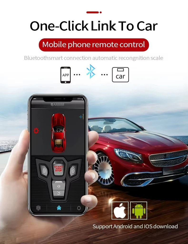 BT APP Sound & vibration Car Anti-theft Alarm with PKE/1-button start/Anti-hijacking 800Meters Remote control Engine Start/Stop