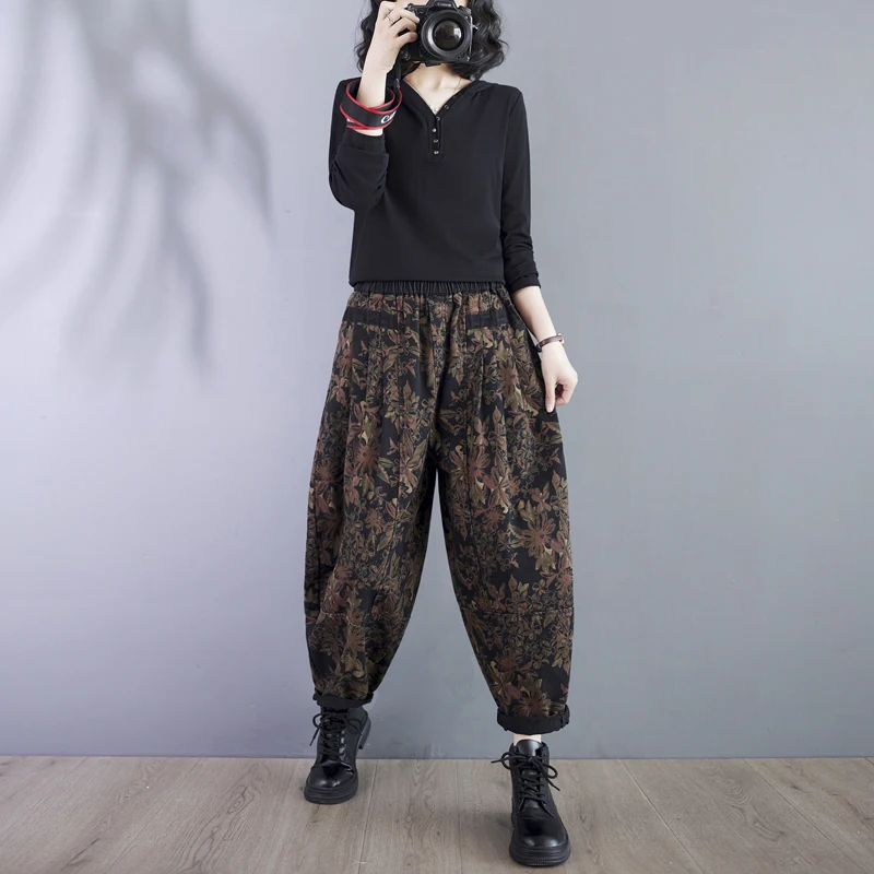 الرجعية طباعة هارلان السراويل النسائية عارضة فضفاض التخسيس Faionable ربيع الخريف عالية الخصر طويل بلا أبي الجينز السيدات