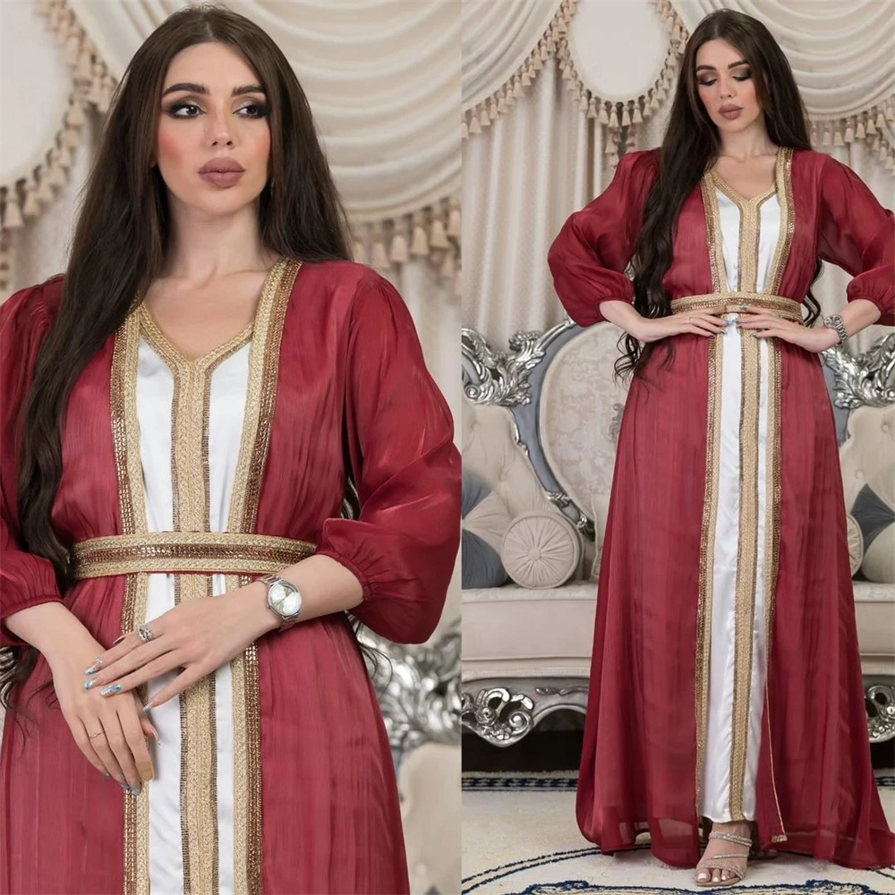 

Party Gowns Ramadan Eid Muslim Women 3Pieces Dress Sets Dubai Abaya Turkey Robe Islamic Fashion Cardigan Femme Kaftan