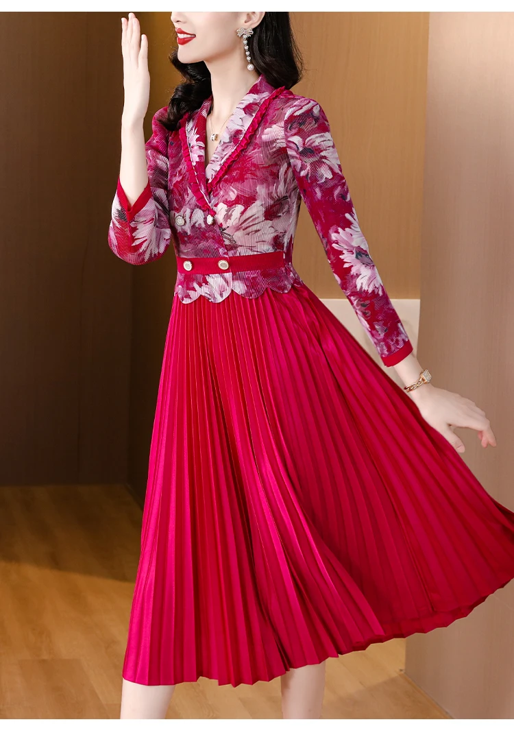 AIMEILI Pleated Dress Women\'s Spring New Fashion Printed Lapel Long-sleeved Single-breasted Belted Cardigan Long Dress