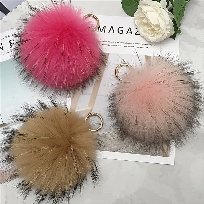 Big 15cm Fluffy Real Raccoon Fur Ball Pom Poms Natural Fox Pompom Leather Strap Keychain Key Chain Ring Pendant For Women Charm