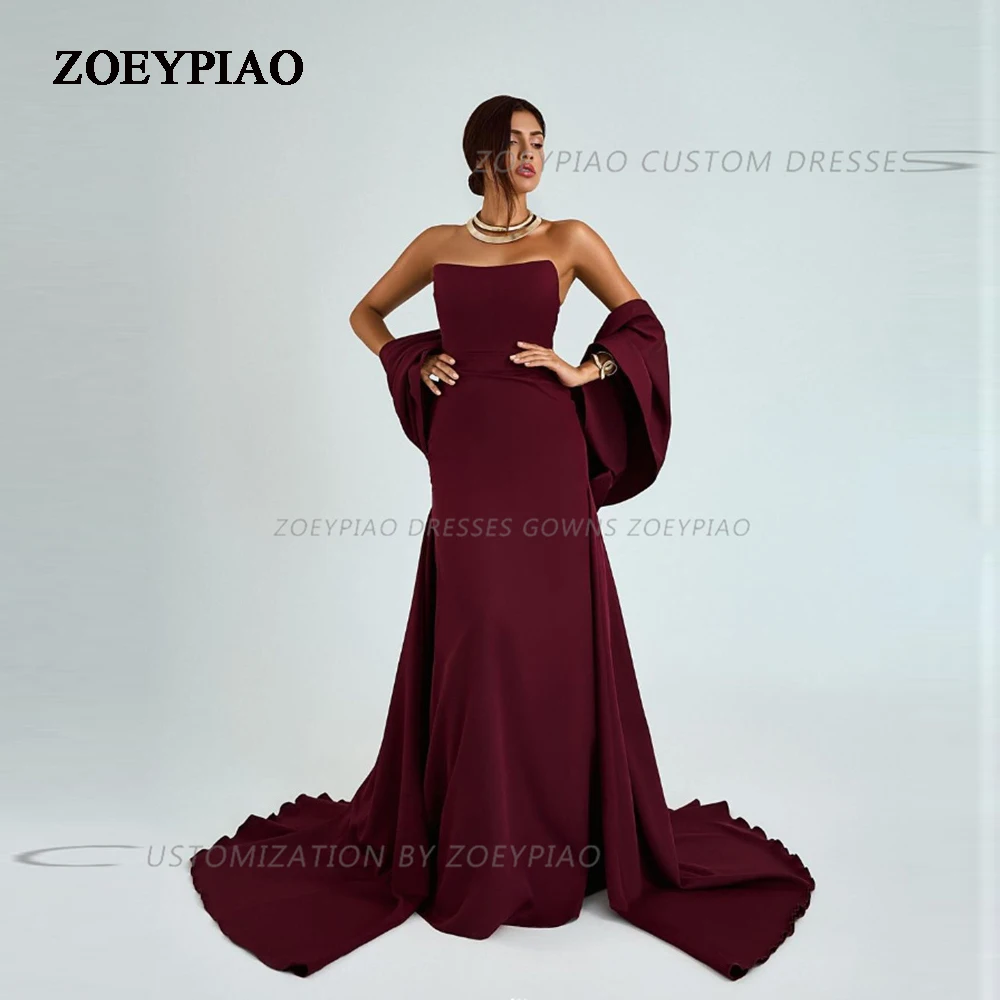 

Wine Red Saudi Arabia Mermaid Formal Evening Party Dresses Long Shawl Prom Dresses Strapless Pleated Floor Length Vestidos