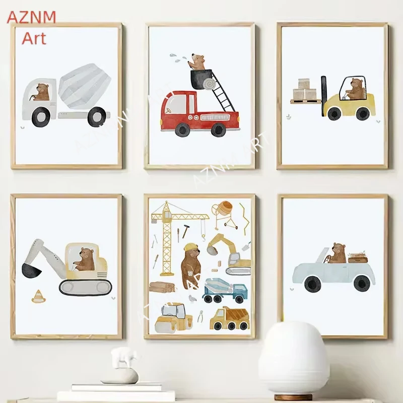 

Cute Boho Bear Crane Excavator Tractor Truck Nursery Posters And Prints Canvas Painting Wall Art Pictures Baby Kids Room Decor