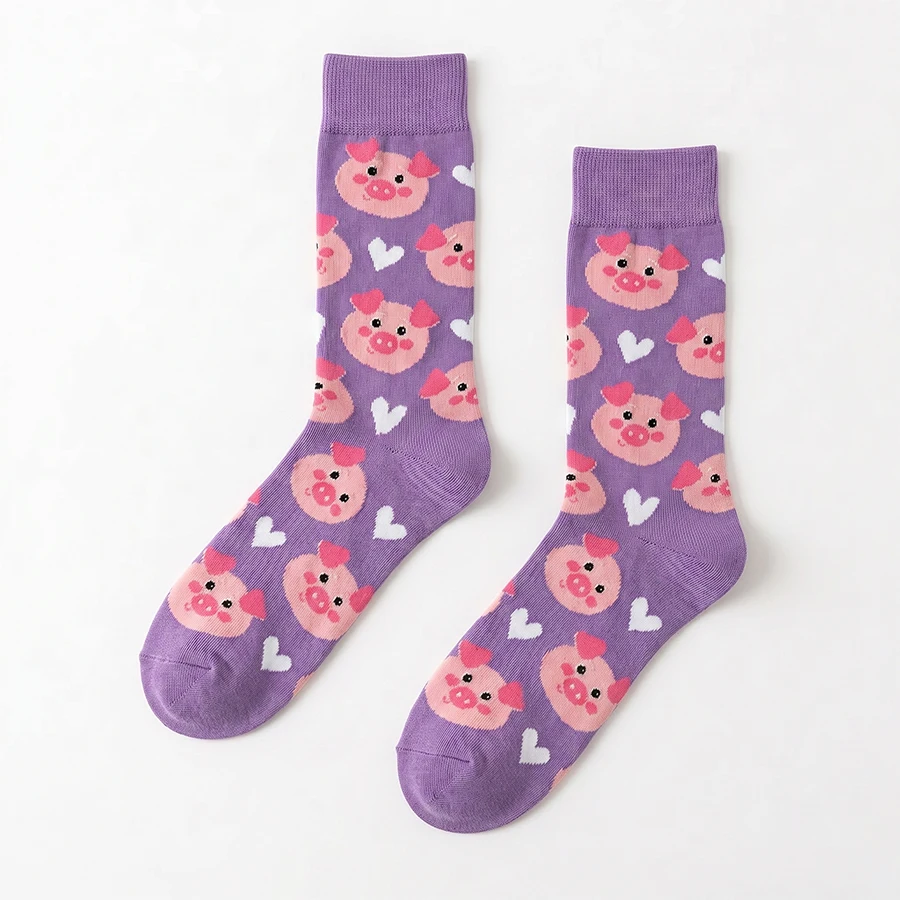 1 Pair, Unisex, Light Purple Base with Pink Pig Face and White Heart Pattern, Solid Color Ribbed Cuff, Polyester, Breathable, Fun, Mid-Calf Socks, Suitable for Everyday Wear