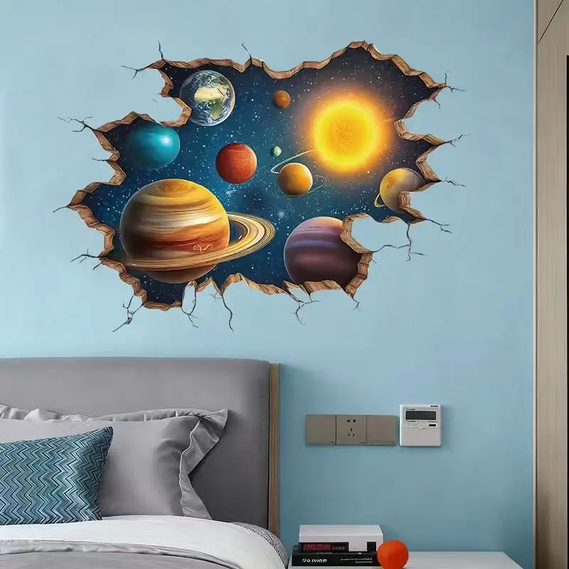 Solar System Eight Planets Break‑Wall Creative Wall Sticker 3D Visual Space Planet Self‑Adhesive Decor Decal