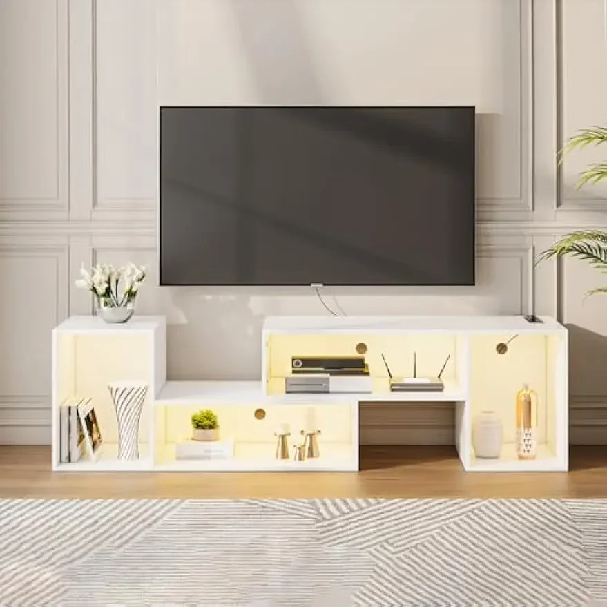 

Corner TV Stand for Bedroom with RGB LED Lights, Combined Entertainment Center with Open Storage Shelves (White)