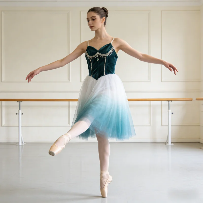 Thin Strap Ballet Performance Dress V Neck Tassel Rhinestone Contrast Gradient Mesh Midi Skirt Dancewear Suitable For Stage Show