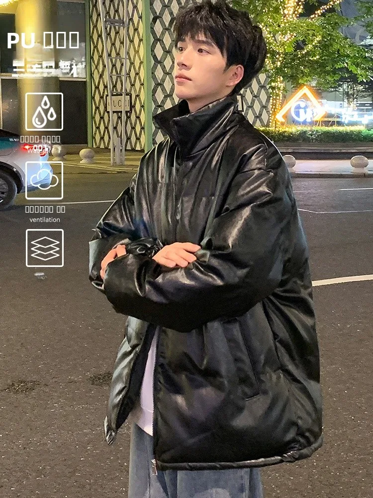 

American Sle Thiened Pu Leather Cotton Jaet Men's Winter High Street Hip Hop Stand Collar Bread Warm Outerwear