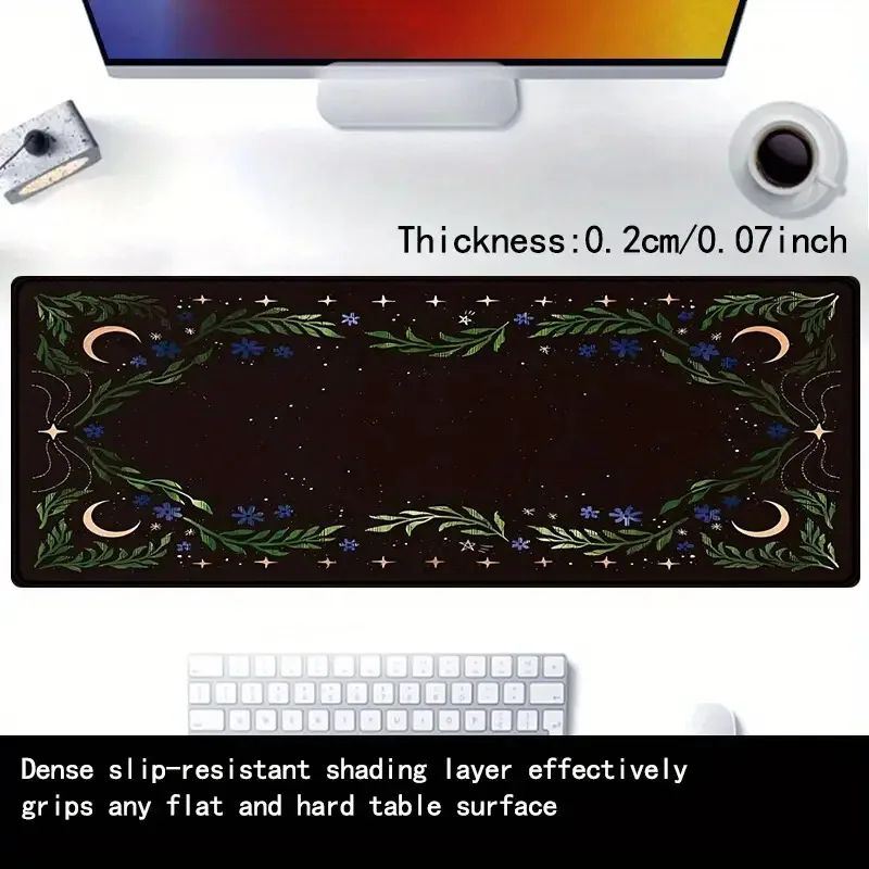 Gothic Moon And Stars Mouse Pad Extra Large Mystical Floral Leaf Desk Mat Non-Slip Rubber Gaming Mat