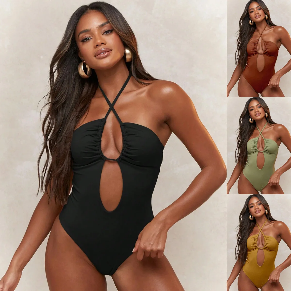 

New Sexy Women One-Piece Swimsuit Solid Color Bathing Suit High-Waisted Crisscross Halter Neck Beachwear Bikini Swimwear