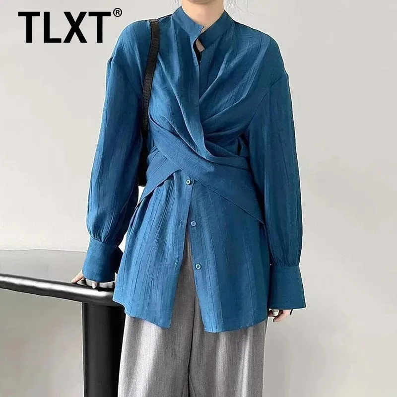 

TLXT, дизайнерские рубашки с повязками, женские однобортные офисные блузки с круглым вырезом и длинными рукавами, женские топы, новинка лета 2023 г.