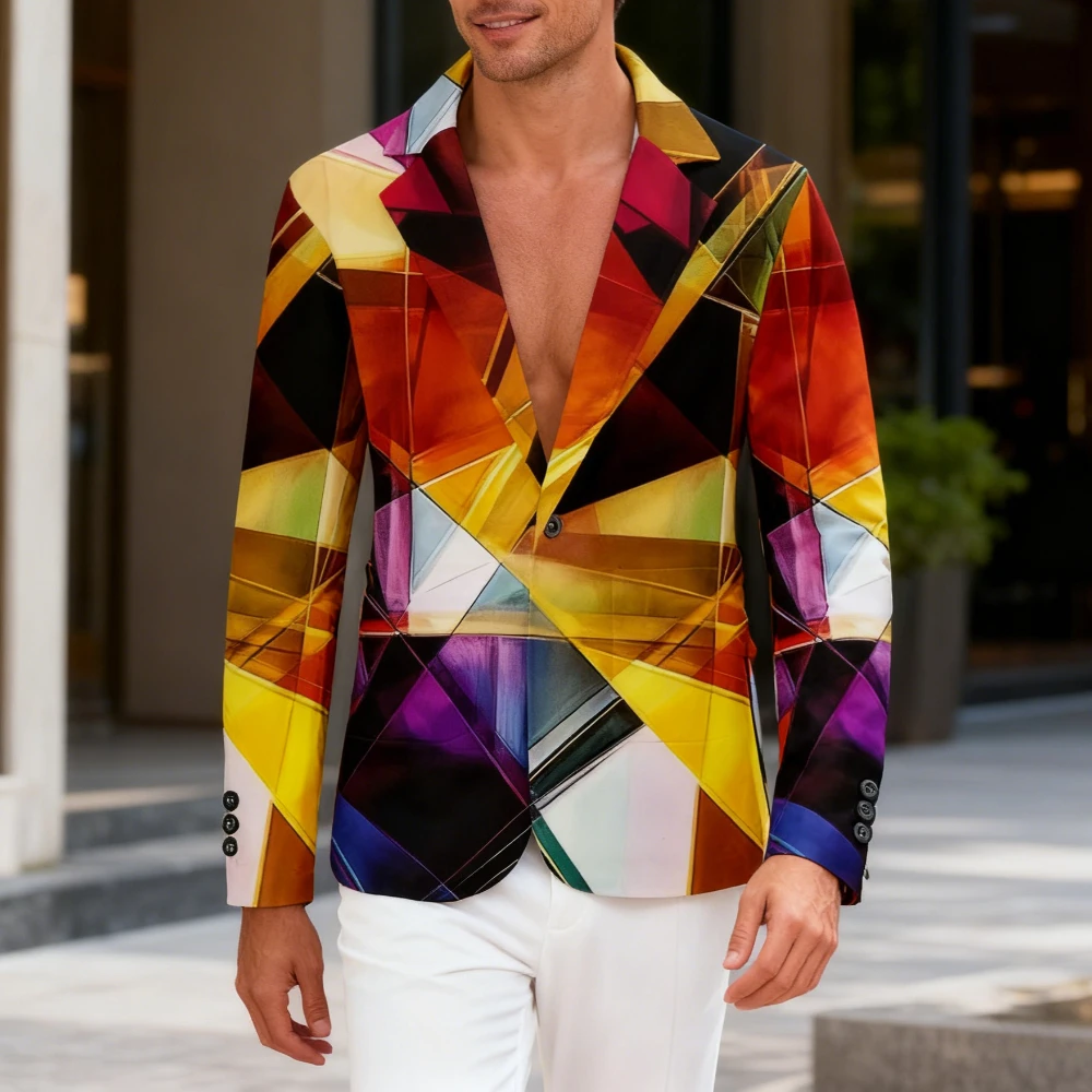 en's Vibrant Geometric Print Blazer with Multi-Color Pattern Fashion-Forward Single-Button Statement Coat for Modern Casual Wear