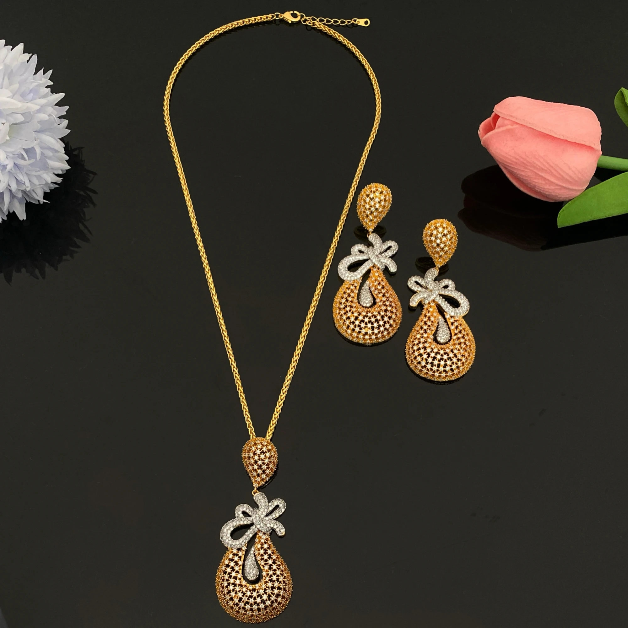 

JRH 2 шт. женский элегантный овальный бант ажурное ожерелье и серьги комплект с цирконом романтический ювелирный подарок на День святого Валентина